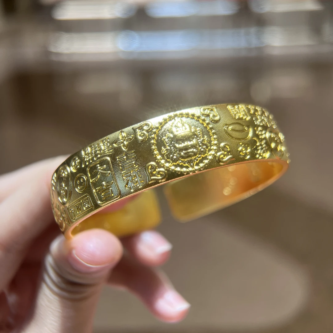 足银珐琅手镯 Y 卡15mm黄财神宽版吉言手镯——财财米米进兜兜