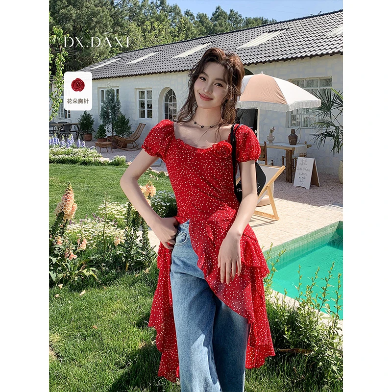 代大喜【奶芙玫瑰】碎花短袖女款爆款2025新款雪纺衫长款半袖上衣
