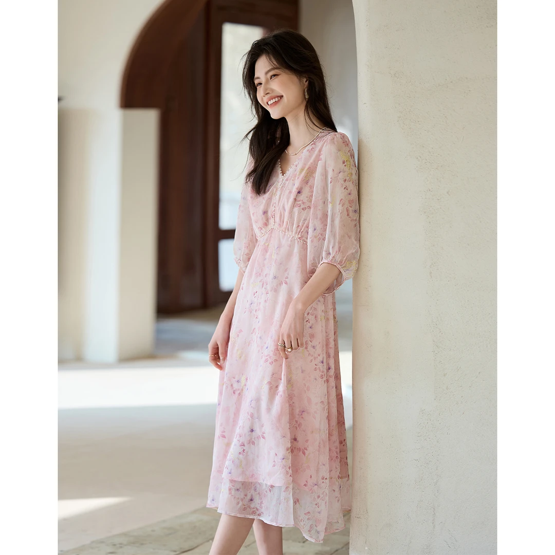 【小铃铛专属】 优雅印花长款连衣裙AN25X5126