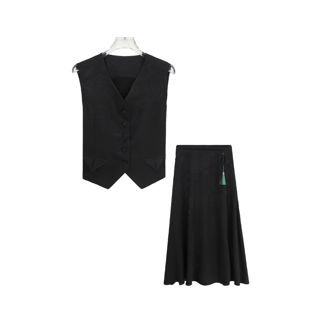 新中式国风印花马夹长款半身裙套装S819