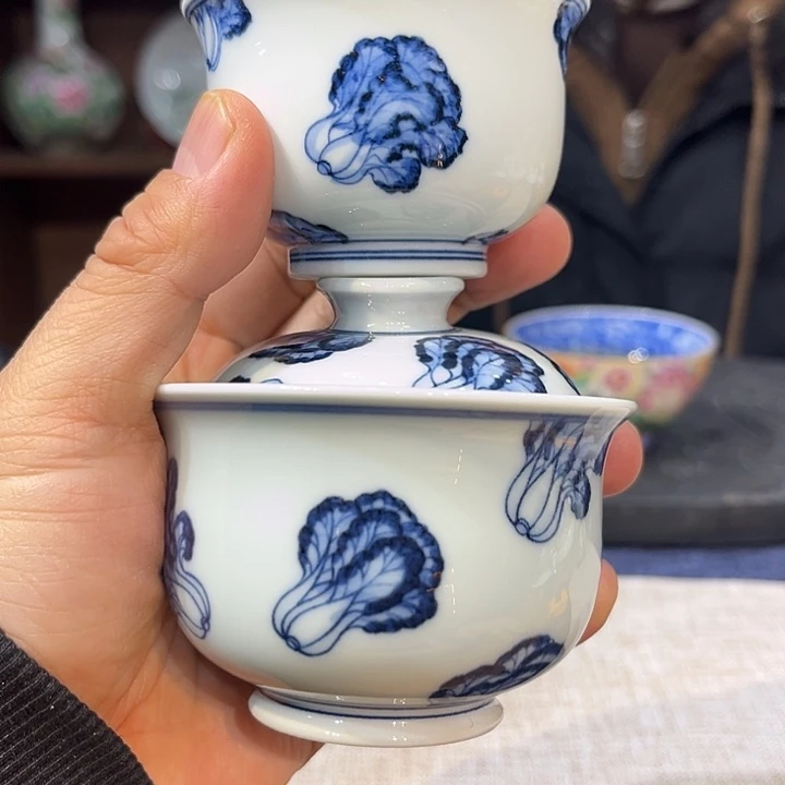杯子瓷青花白菜一盖碗一杯