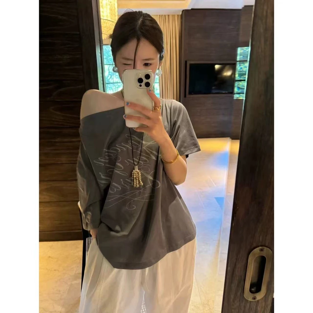 韩国 2025夏漏肩字母一字肩斜肩短袖T恤