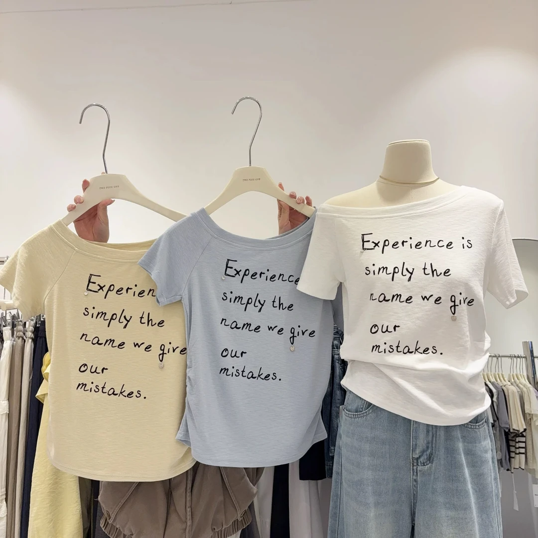 【现货】胖mm夏日欧若风短袖斜肩字母印花收腰时尚气质显瘦T恤03016