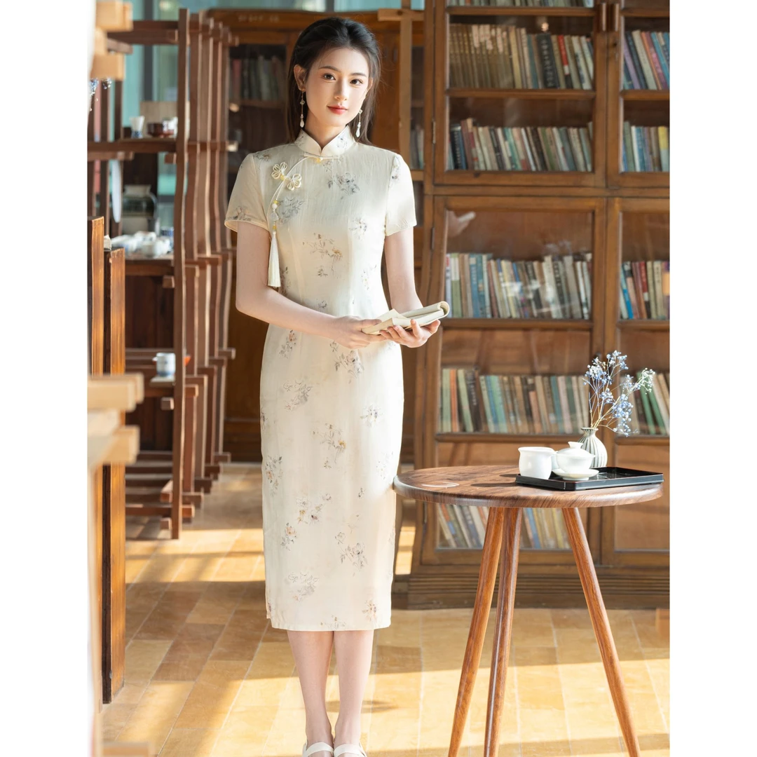 黄色淑女范短袖碎花日常旗袍2025年春夏季新款气质优雅改良新中式