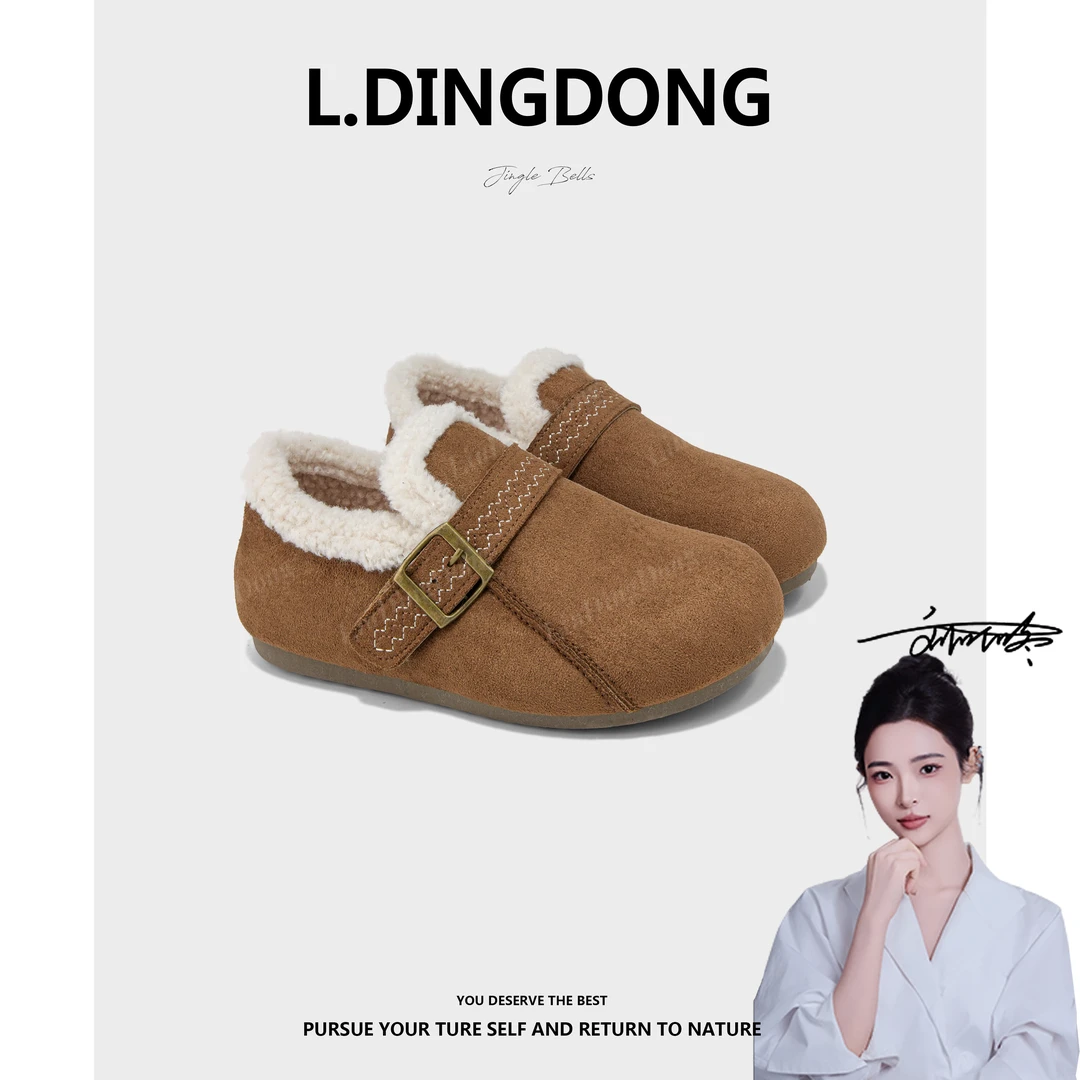 2025秋冬季新款纯色格子博肯棉鞋女加绒一脚蹬时尚休闲风民族风