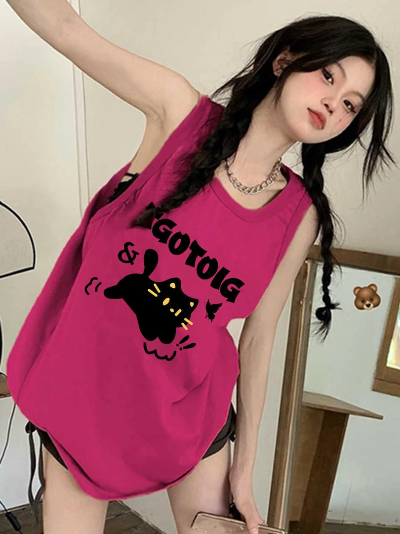 【当天发货】牛油果绿坎肩无袖T恤女夏美式多巴胺背心字母外穿上衣