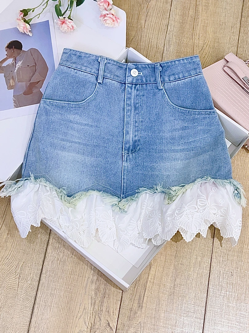 琳心丨春季新款蓝色百搭蕾丝花边牛仔短裙 5045