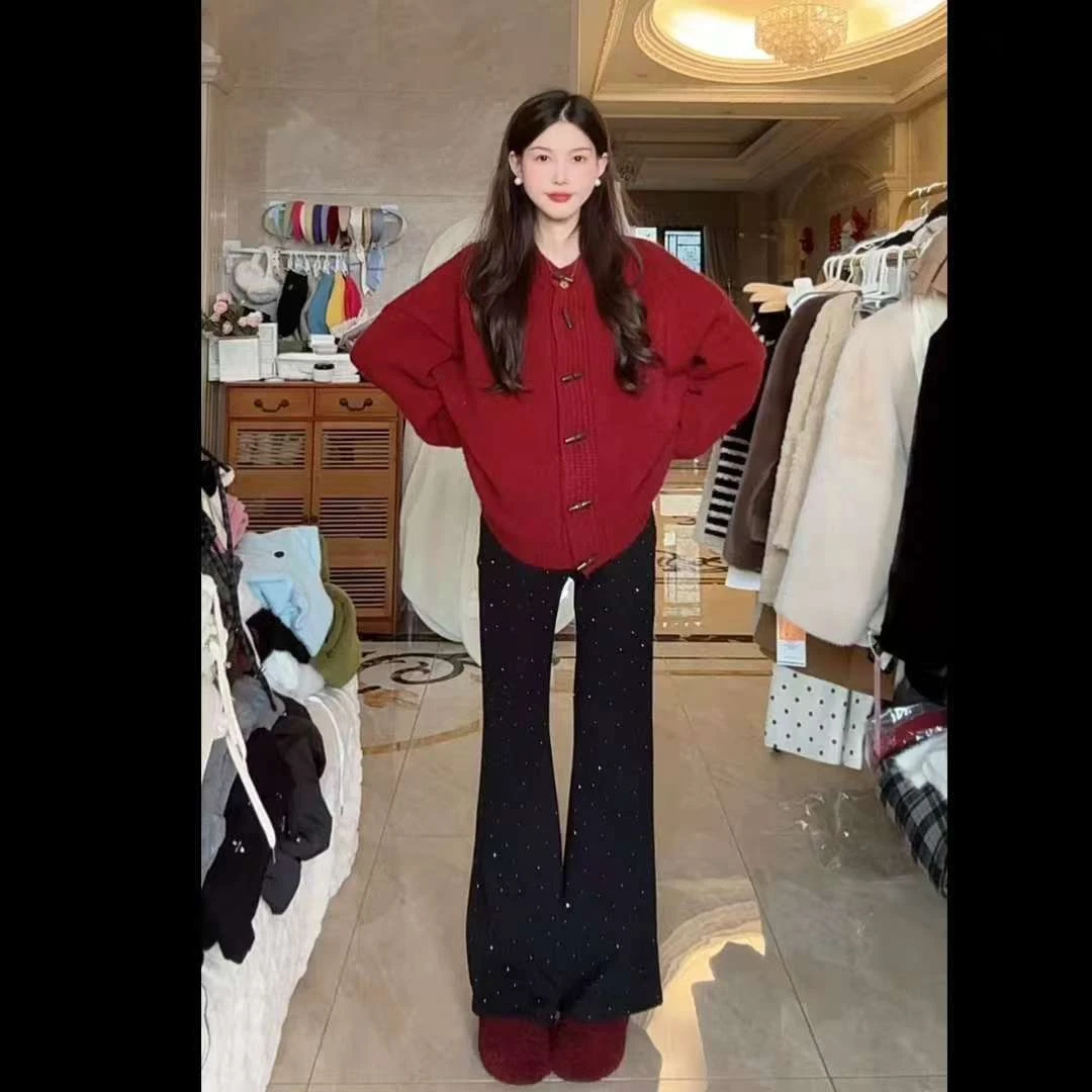 2025年新款孕妇裤春季时尚重工烫钻宽松垂感亮闪阔腿裤子微喇裤子