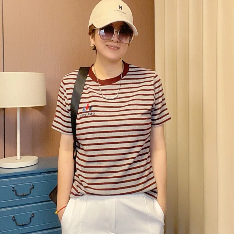 葭丽时尚条纹刺绣高定棉料圆领T恤显瘦针织休闲百搭女士半袖夏季