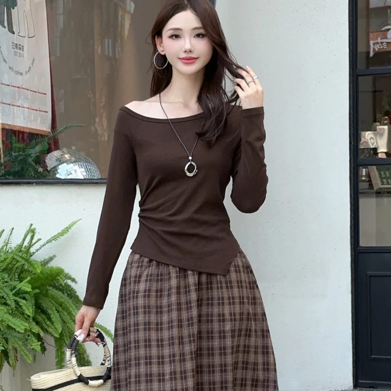 欧美风时尚套装女2025秋季新款不规则长袖T恤格子半身裙两件套潮