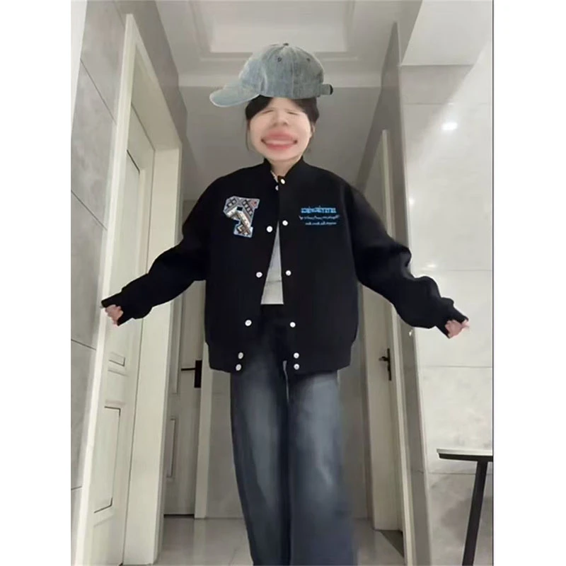 美式高街迷宫民族贴布字母刺绣棒球服女春秋设计感宽松情侣外套潮