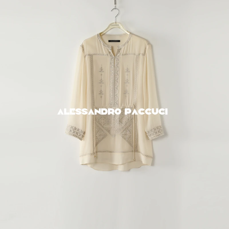 AP洛哥51013UX【黑标/南法假日】桑蚕丝对称绣花可抽绳度假风连衣裙