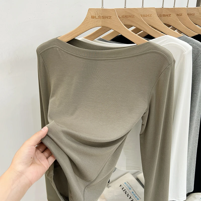 一字肩露肩长袖t恤女秋冬2025新款高级感法式上衣女打底衫外穿潮