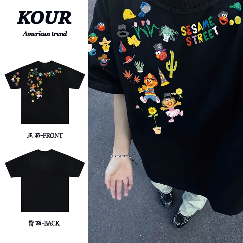 美式高街趣味卡通手绘图案印花上衣重磅纯棉宽松百搭潮流短袖T恤