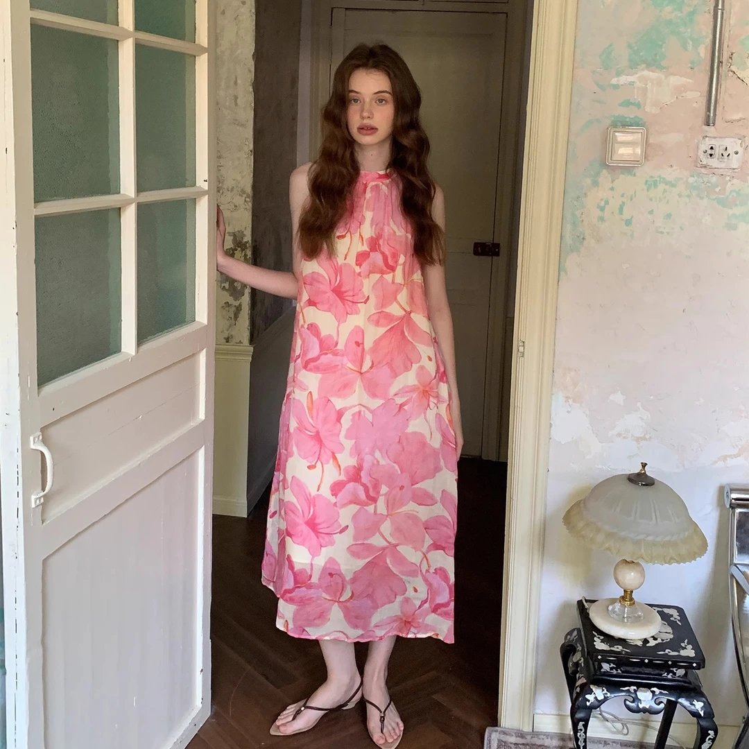 ZHUYIYI 新款挂脖无袖连衣裙女夏收腰显瘦长裙露背苎麻印花