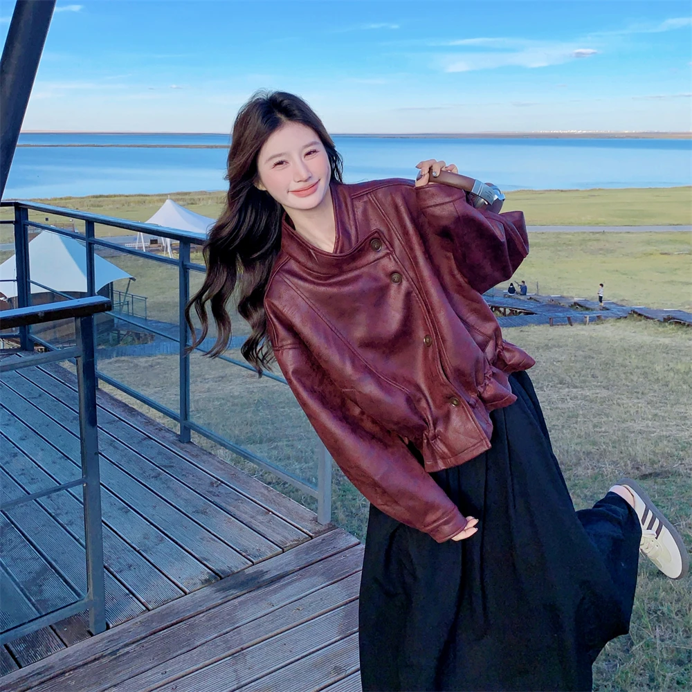 秋冬晕染皮衣外套女网红2025新款pu皮机车服短款小个子美式时尚