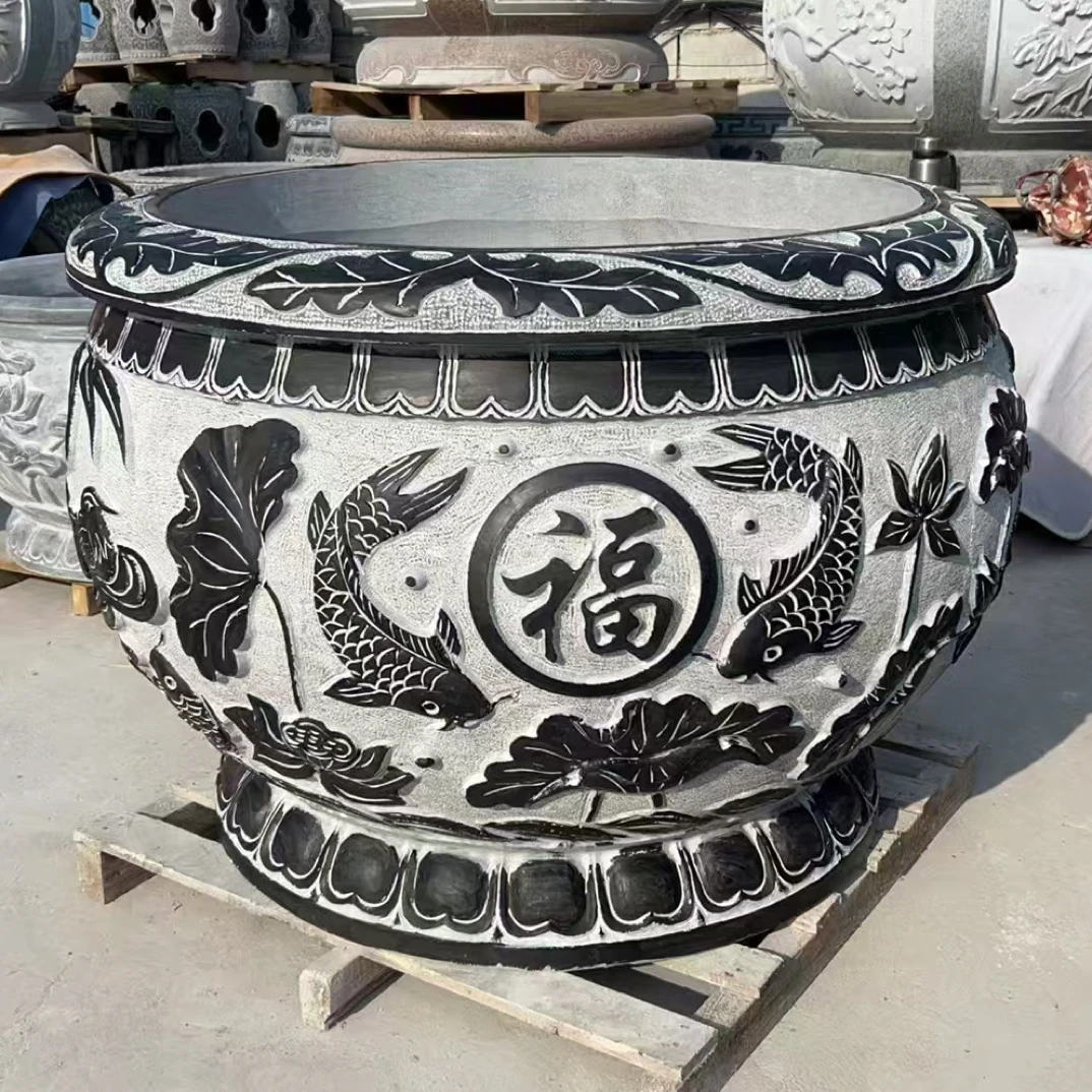 青石花盆鱼缸仿古石雕荷花鱼圆缸庭院大石缸石头水缸中式石盆水景