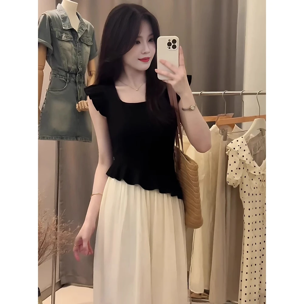 法式黑色短袖T恤女装夏季设计感小众修身显瘦木耳边上衣2025新款