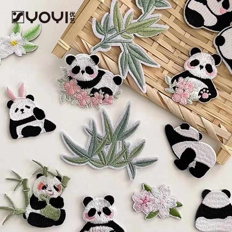 优艺  刺绣熊猫国风刺绣竹叶松树修片手工DIY鲜花包装装饰配件