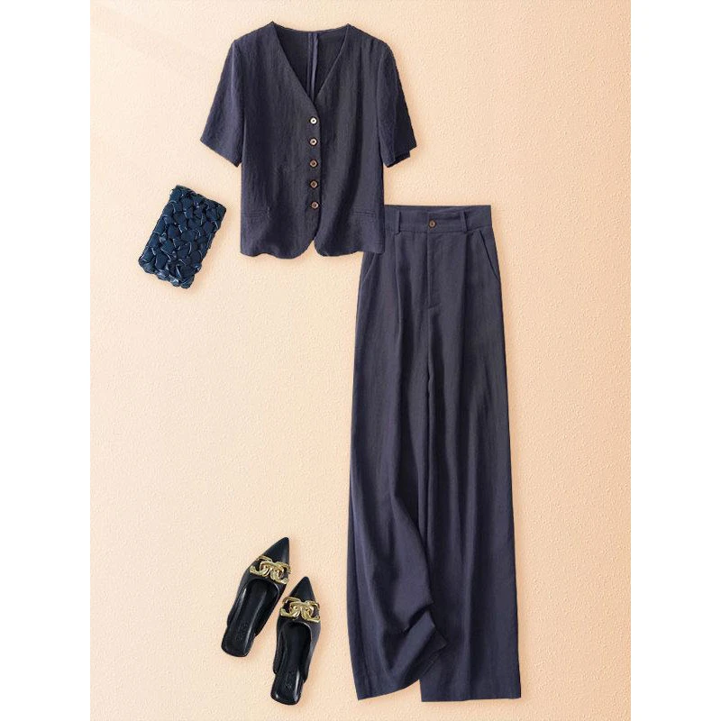 夏季意式轻奢慵懒休闲透气亚麻短袖西装外套高腰阔腿裤两件套装