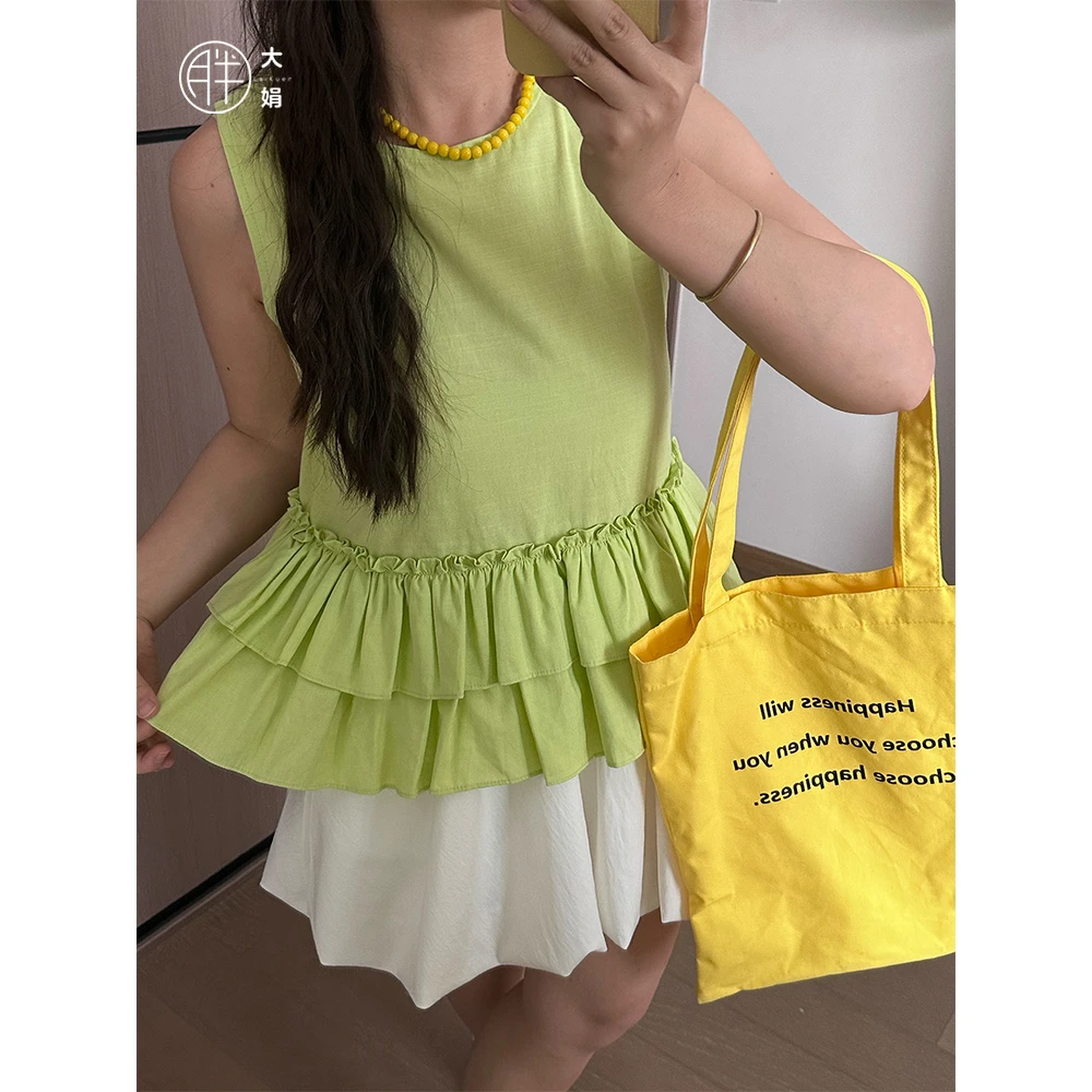 【哈密瓜小衫】胖大娟无袖设计感背心上衣花边夏凉快元气少女