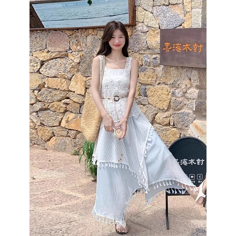 镂空钩花马甲吊带半身裙三件套女2025年夏季新款时尚独特绝美套装