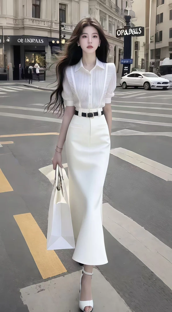 休闲通勤风白色条纹衬衫上衣+白色高腰显瘦长款半身裙时尚两件套