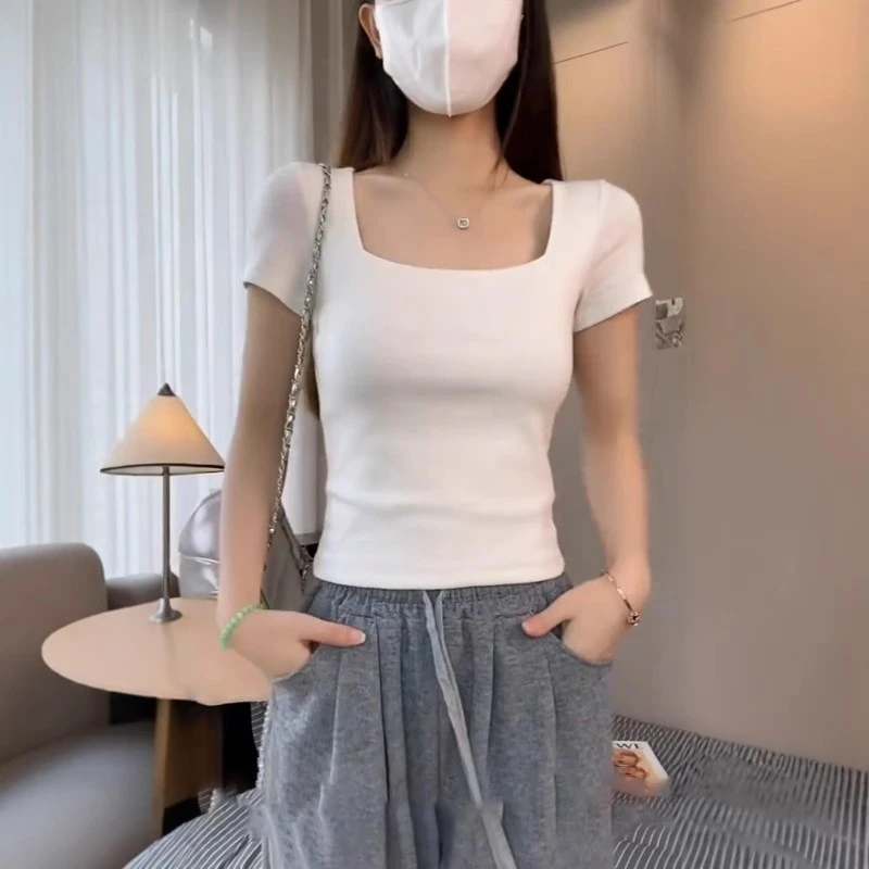 大码方领正肩短袖T恤女2025夏季新款胖mm宽松显瘦设计感短款上衣