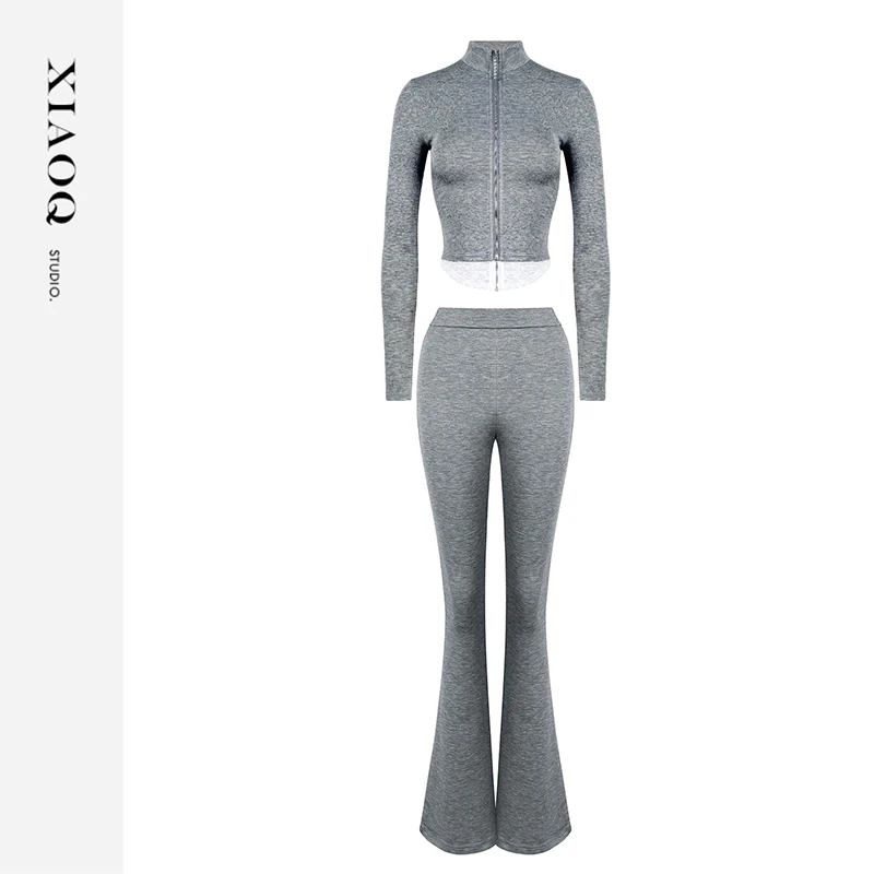 【小Q家】87840纯欲气质蕾丝拼接外套+喇叭裤套装T