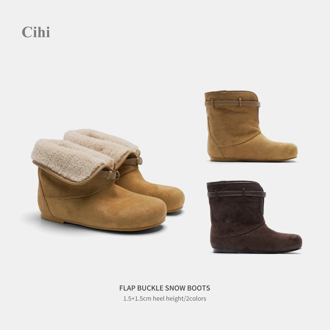 Cihi'Oleh' 圆头皮带扣翻边内增高套脚雪地靴