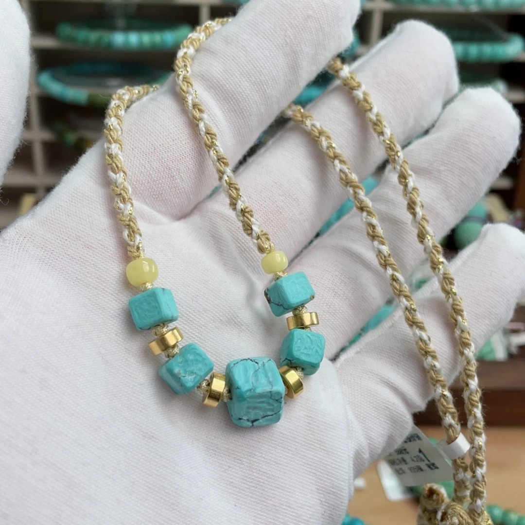 绿松石未镶嵌水草方糖锁骨珠手绳两用