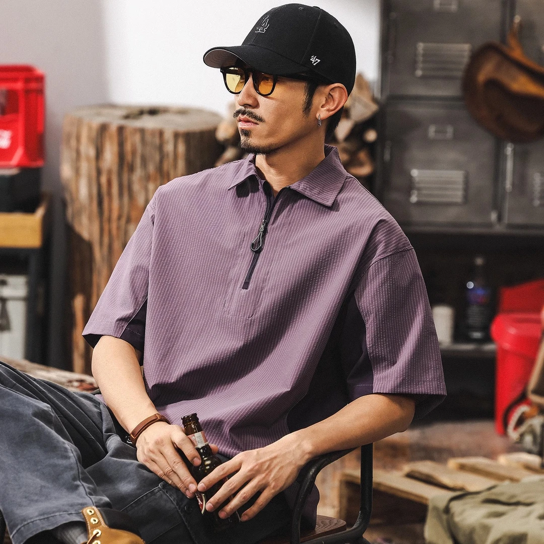 夏季薄款速干紫色男士polo衫短袖山系户外撞色宽松大码美式T恤男