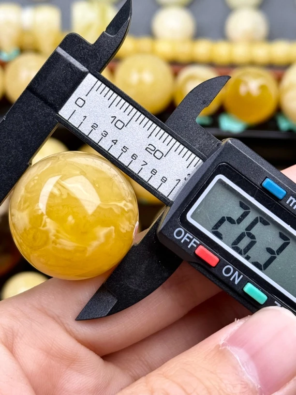 26.3mm俄料国矿一级料浓瓷白妖孽虎皮纹千层雪橘底金溶洞蜜蜡圆珠