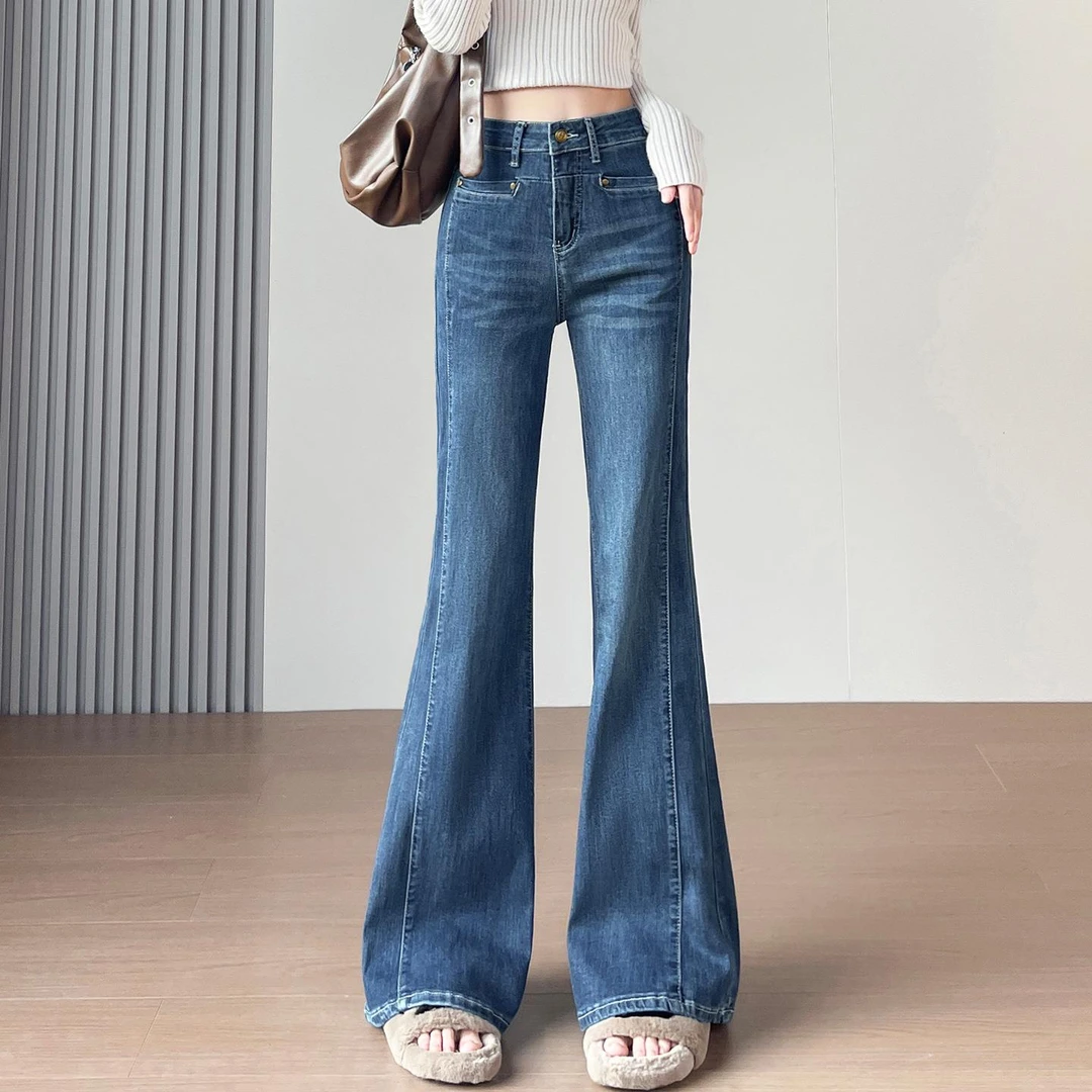 新款春秋季高腰喇叭牛仔裤女长裤宽松显瘦拖地喇叭裤子弹力女款