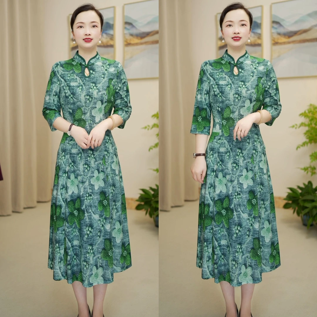 妈妈装新中式国风改良显瘦旗袍连衣裙中长款中袖改良旗袍裙优雅