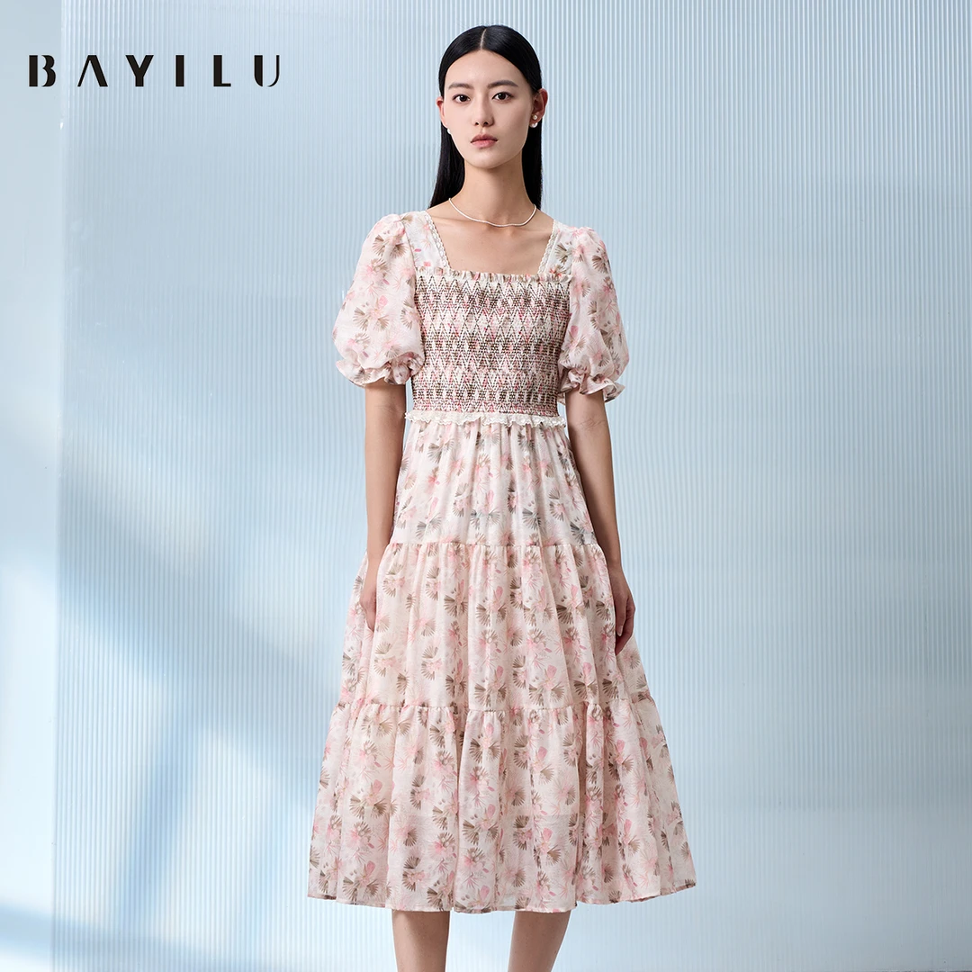 【力力淘】芭依璐夏季连衣裙女碎花泡泡袖显瘦长裙90L7036