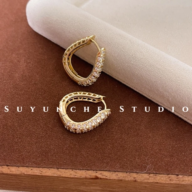 铜合金合成锆石耳饰 Suyunche2402绿金色质感气质耳扣耳环复古