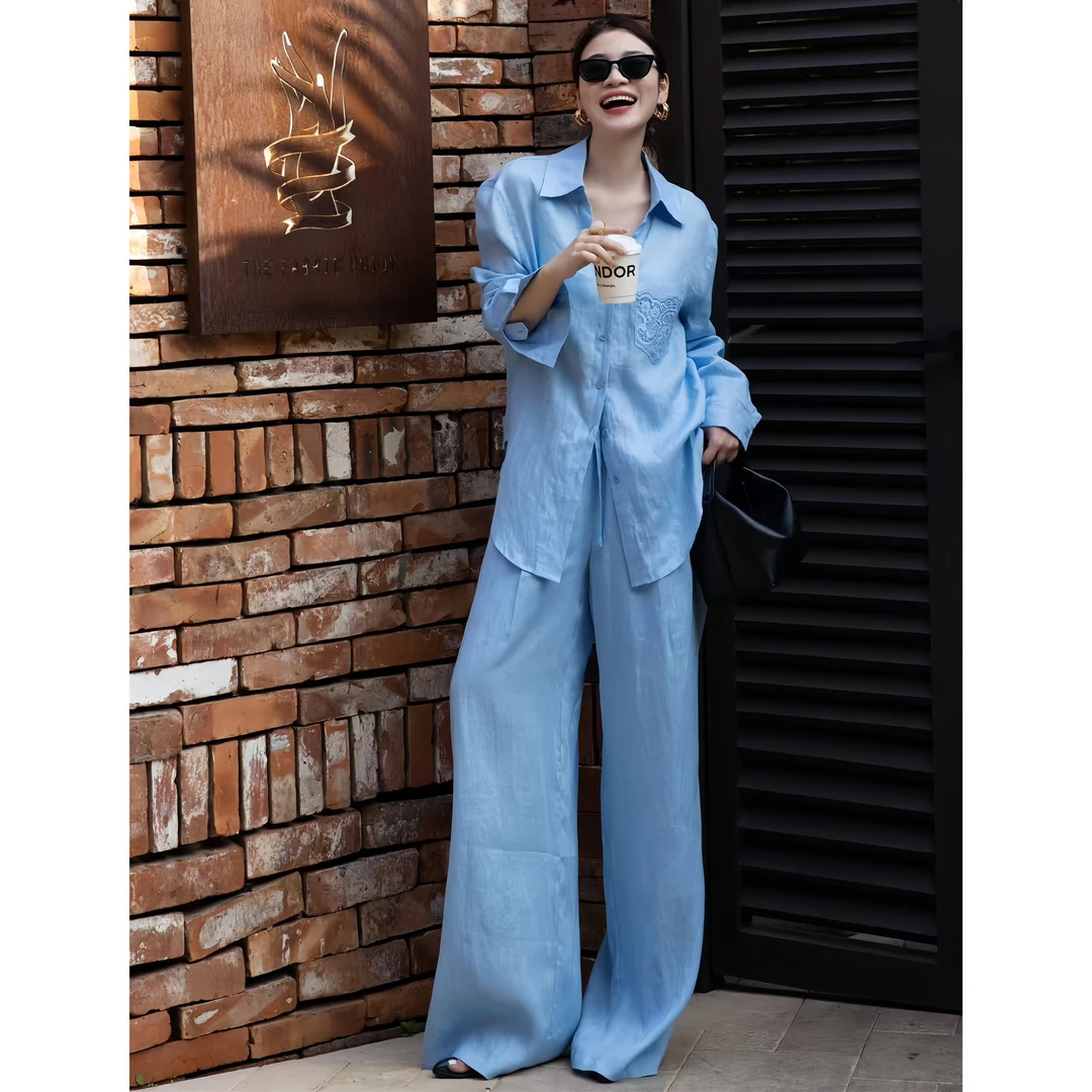 ZEROYK时尚套装女设计感国风绣花亚麻衬衣阔腿裤慵懒松弛感两件套