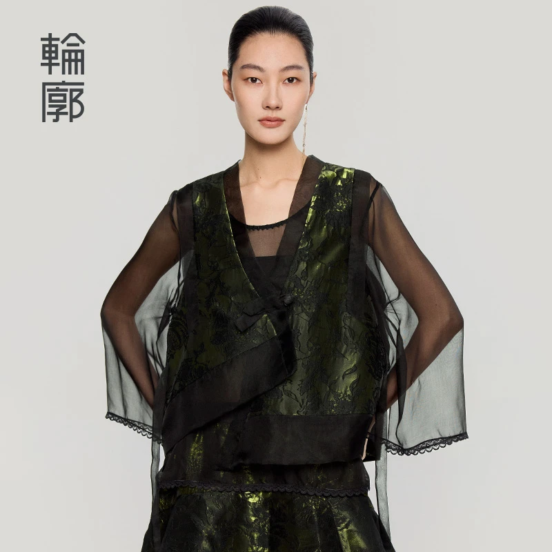 轮廓茯苓马甲金属丝提花马夹新中式国风复古无袖上衣女L251Y062
