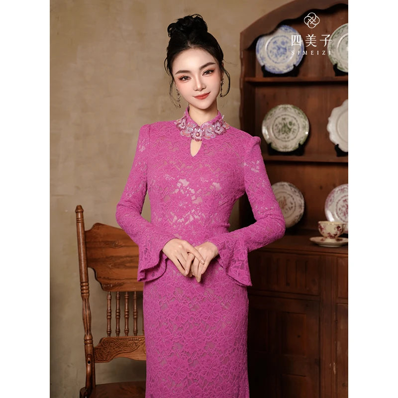 四美子【桃知窈窈】冬季新款新中式气质显瘦日常加厚蕾丝旗袍连衣裙