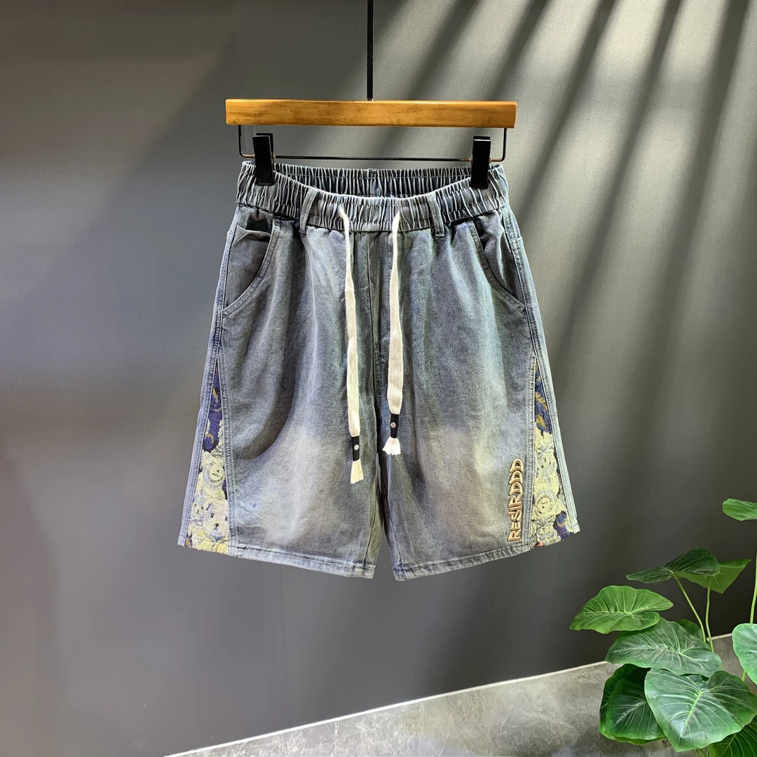 牛仔短裤男夏薄款2025新款五分松紧腰抽绳时尚刺绣潮流百搭中裤子