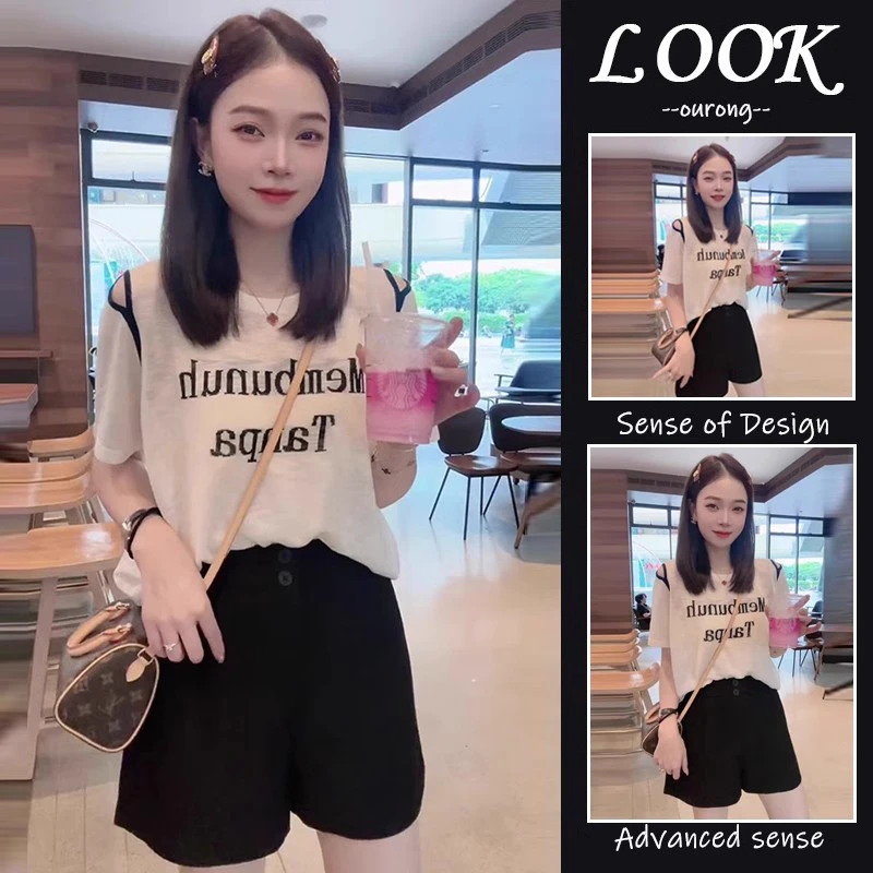冰丝洋气露肩短袖T恤纯欲显瘦百搭2025夏季爆款老钱风松弛感穿搭