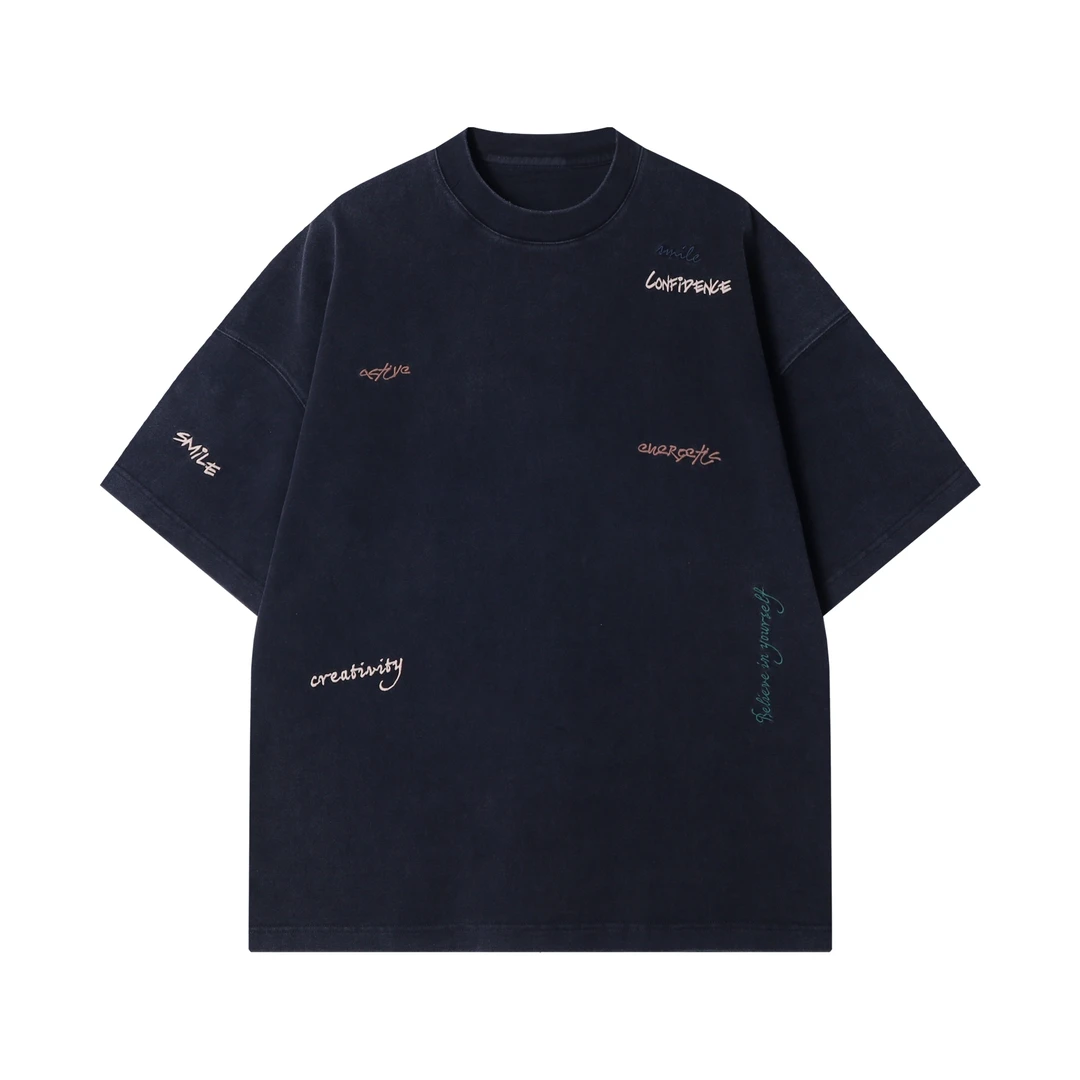 春夏新款时尚个性美式做旧立体刺绣字母圆领半袖T恤百搭潮流上衣