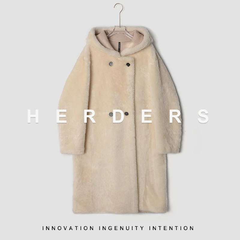 HERDERS 长款连帽纽扣款皮毛一体皮草外套 40868