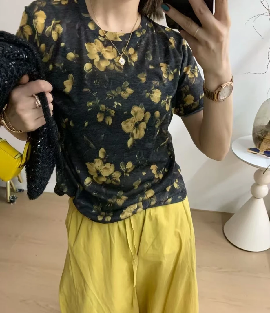 圆领中袖速干烫印欧若风短袖T恤时尚女士夏季修身花色气质