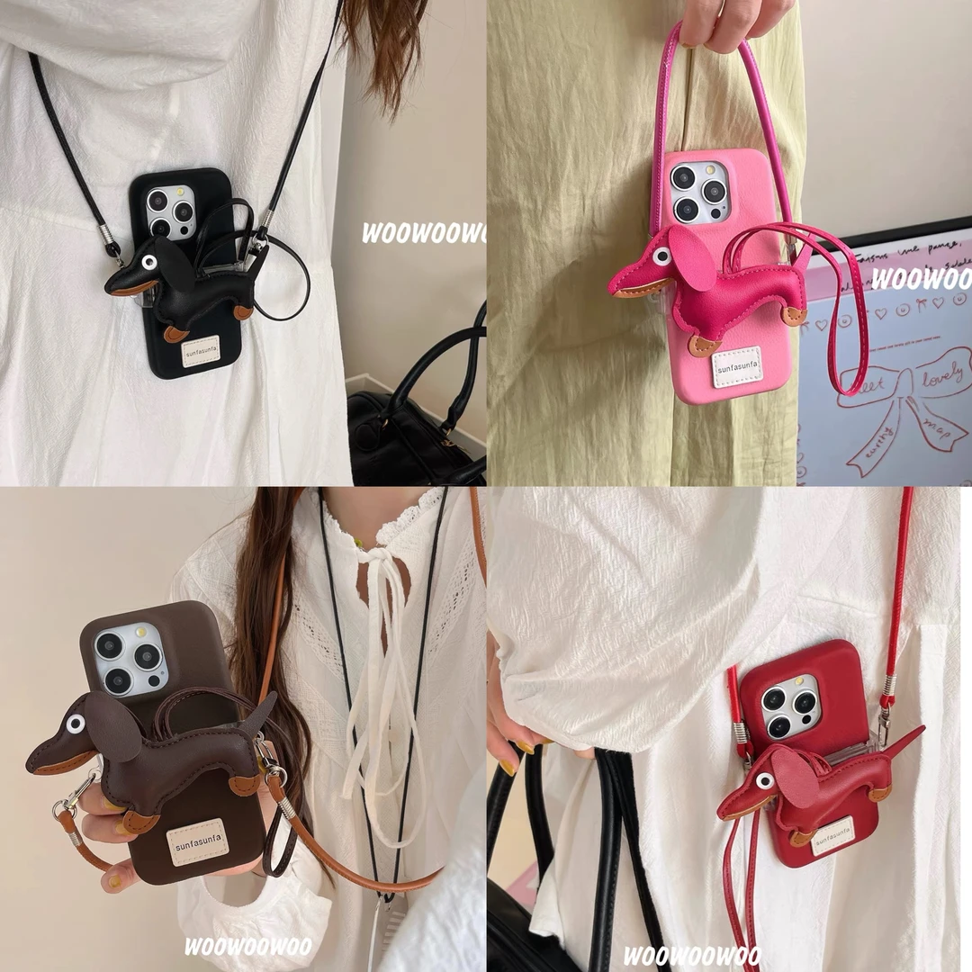 ins风腊肠狗背夹斜跨挂绳适用苹果161514手机壳华为荣耀oppo/vivo