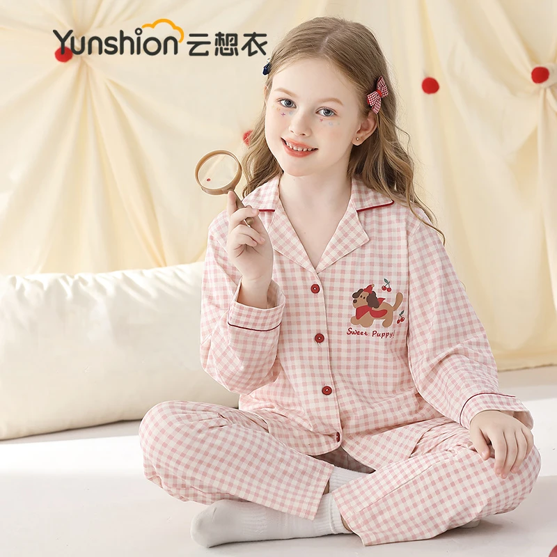 儿童睡衣女童长袖纯棉薄款春秋季中大童卡通开衫女宝宝家居服套装