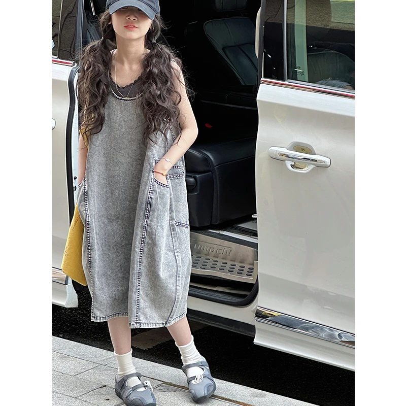 K28664高端女童牛仔连衣裙2025新款夏装儿童背心裙韩系休闲吊带裙
