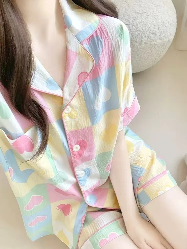 C7-2粉蓝绿色“爱心格纹”短袖短裤睡衣套装