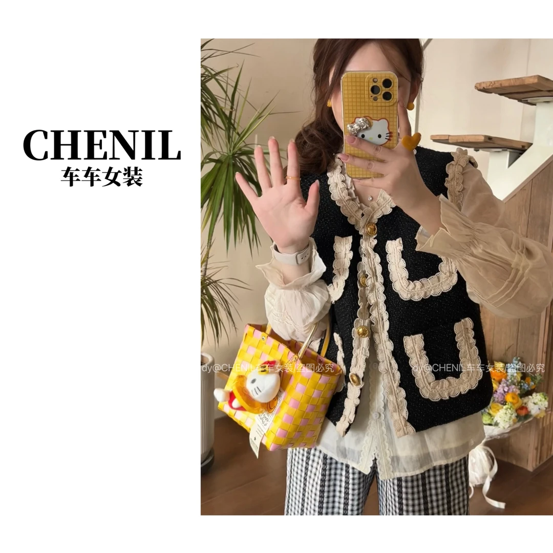 CHECHE【韩国欧尼】早春新款马甲女洋气韩版蕾丝气质时尚百搭